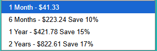Pricing table showing $41.33 for 1 month, $223.24 for 6 months (save 10%), $421.78 for 1 year (save 15%), and $822.61 for 2 years (save 17%).